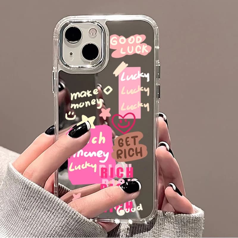 Rich Lucky Graffiti Mirror Phone Case for iPhone 11 12 13 14 Pro Max 15 Plus 16 17 Pro Max 16E Clear Shockproof Protective Cover