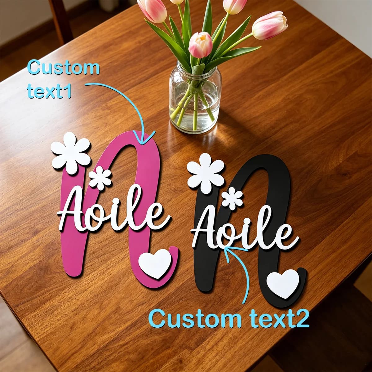 1pc Custom Floral Heart Initial Wooden Name Sign Personalized Custom Text Wall Hanging Decor Gift