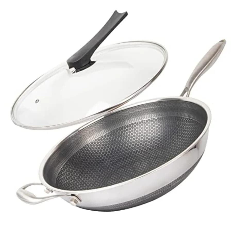 Padella Wok Antiaderente a Nido d'Ape da 14 Pollici in Acciaio Inossidabile con Coperchio, Manico Termoisolante, Senza PFOA, Argento, Adatta per Induzione