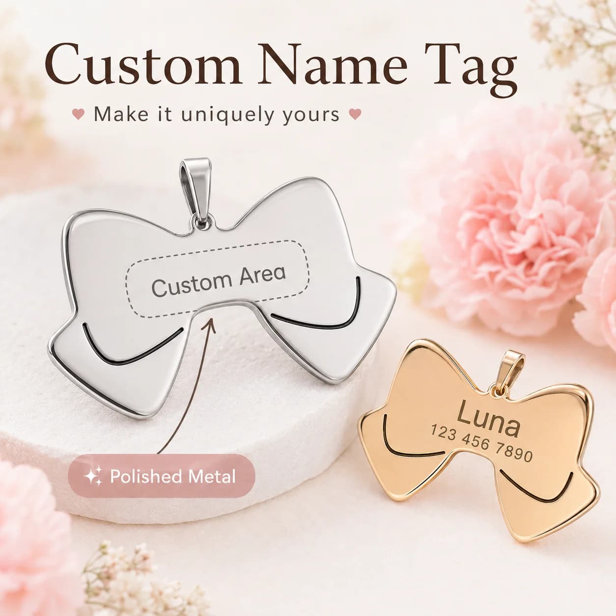 Bow Shape Custom Text Dog Tag Stainless Steel Customized Text Dog Tags Laser Engraving Address Number Personalized Name Pets Tag