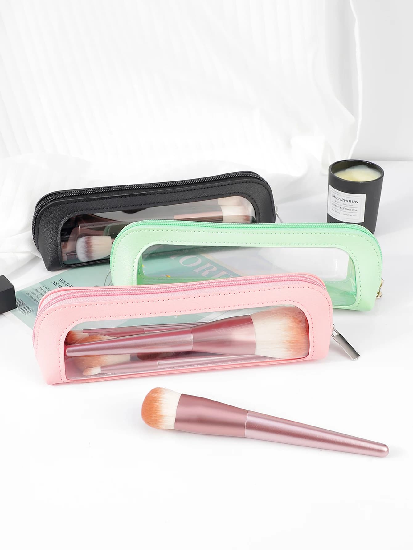1pcs Small Clear Makeup Bag PU Leather Travel Makeup Brush Case Portable Transparent Waterproof Organizer Pouch with Zipper