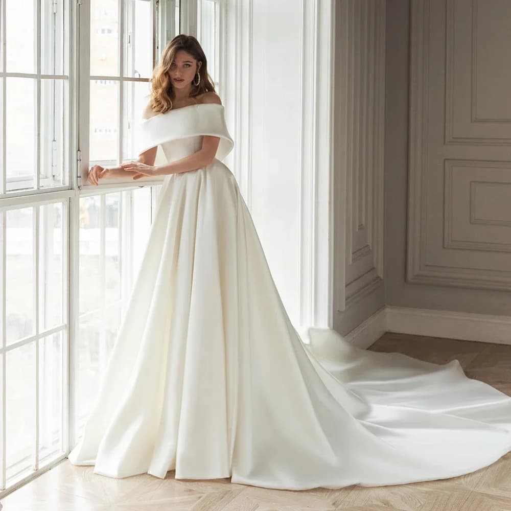 Vestido de Noiva 2025 Abiti da sposa eleganti in raso da donna con spalle scoperte Una linea Abiti da sposa Abito da sposa lungo strascico personalizzato