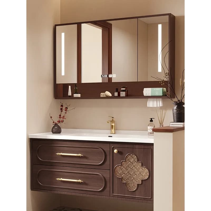 Walnut bathroom cabinet combination mirror cabinet washbasin cabinet ceramic integrated basin washbasin