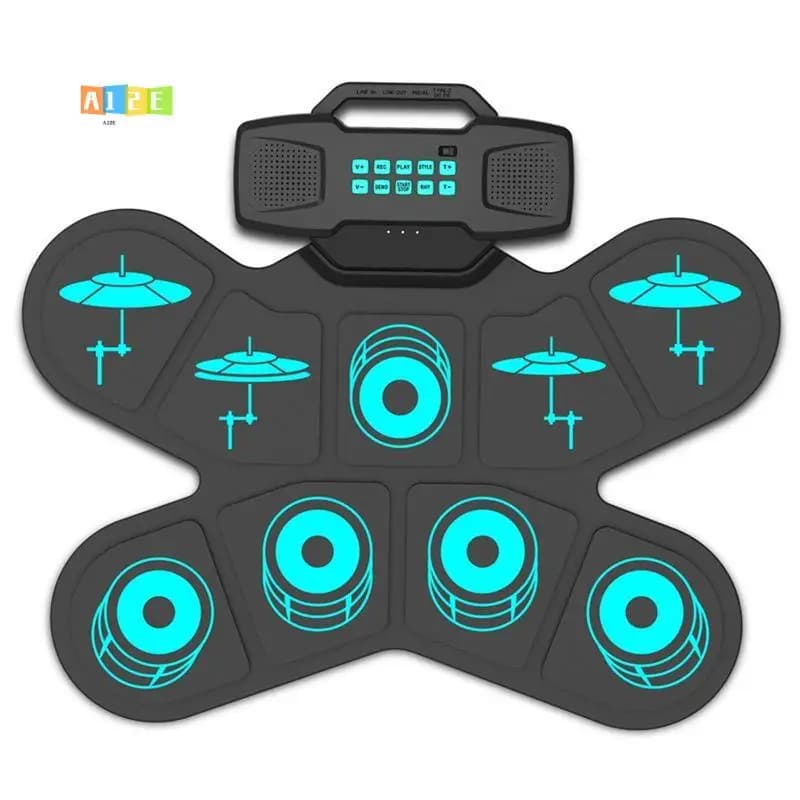 A12E-Set di Batteria Elettronica Portatile con 9 Pad, Doppio Altoparlante, Ricaricabile, Kit di Pratica con Bacchette e Pedale