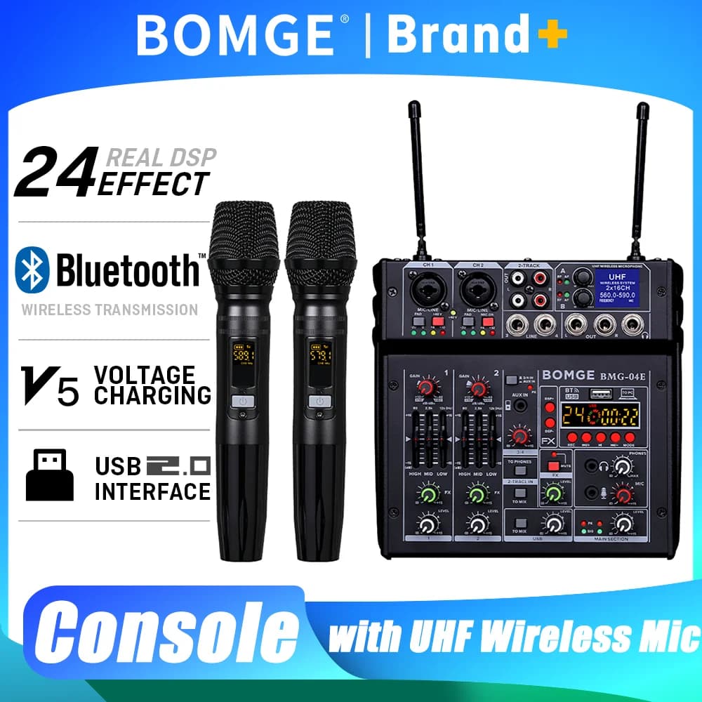 Mixer Audio a 4 Canali con Microfono Wireless UHF, Console Bluetooth per DJ, per Feste, Karaoke e Soundbar