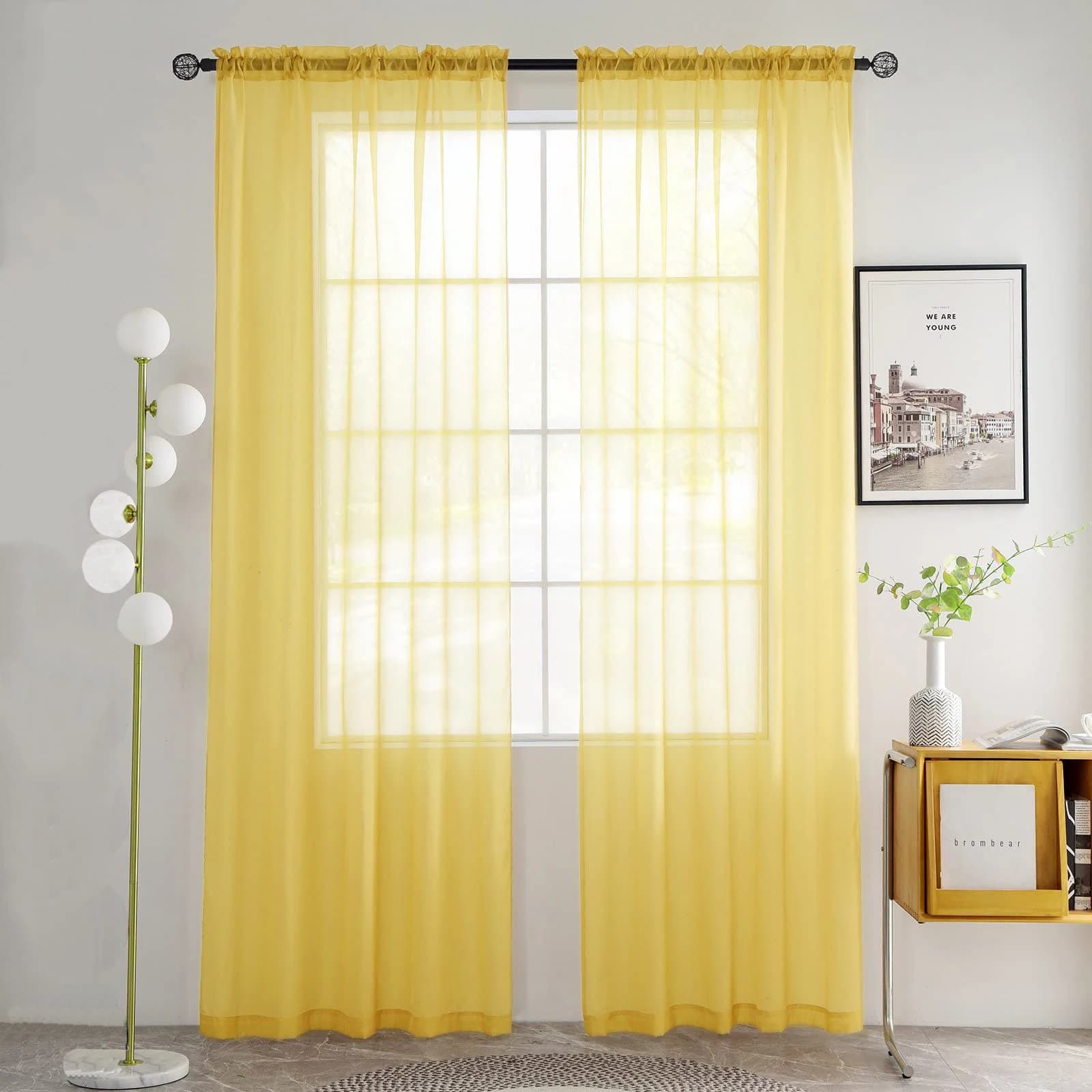 Modern simple yellow transparent curtain for living room bedroom, tulle curtain that transmits dust light for windows, curtains for the house