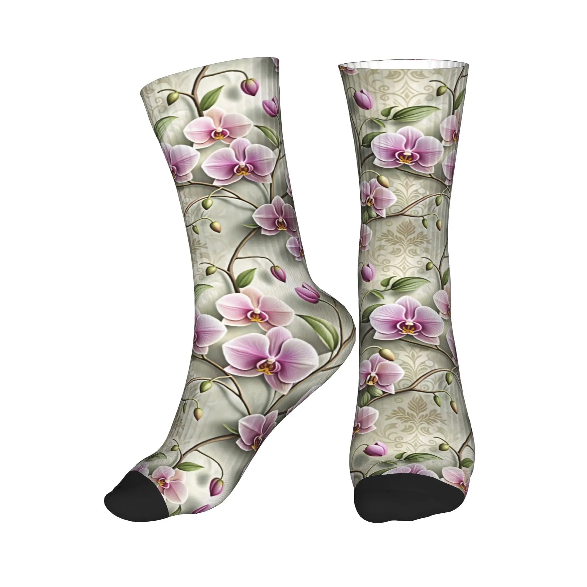 Vintage Neutral 3D Relief Lavender Orchid Floral Dress Socks Men Women Warm Fashion Novelty Crew Socks