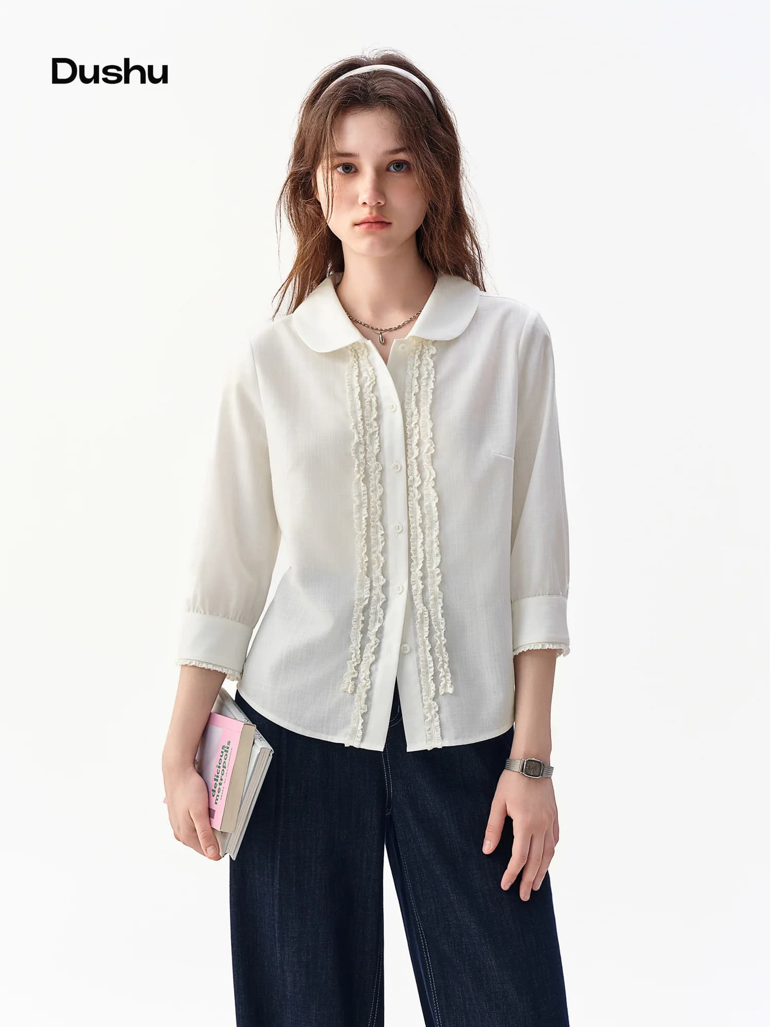 DUSHU 2026 Fall New Arrval Women's Lace Peter Pan Collar Blouse, Ruffled Trim Long Sleeve Shirt for Sweet Slimming Style Top