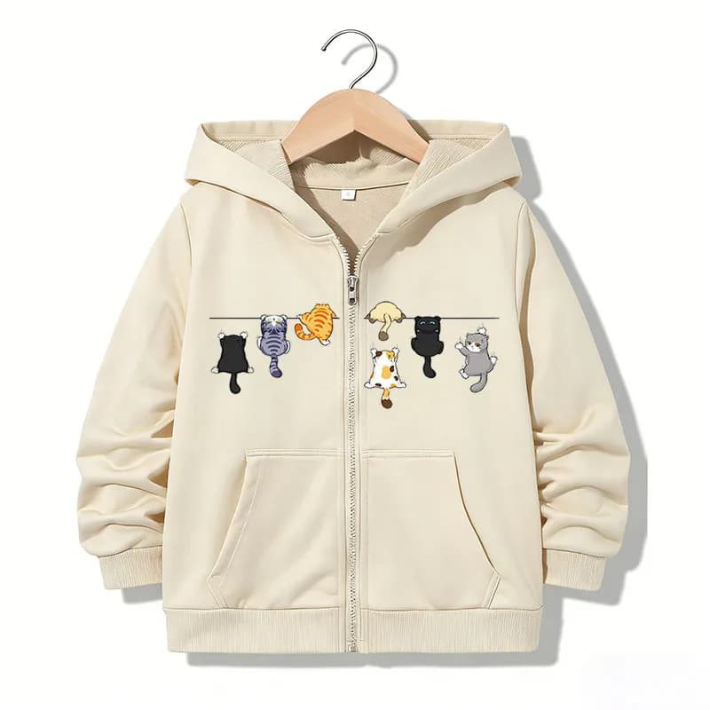 Felpa con cappuccio con cerniera divertente e casual con stampa gatto e scritta, giacca con cerniera per ragazzi e ragazze, stile Y2K, comoda felpa con zip per primavera e autunno
