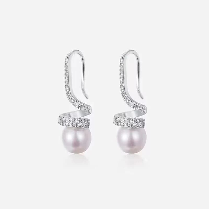 MeiBaPJ 9-10mm Natural White Rice Pearl Spiral Pendant Earrings Fashion Silver 925 Vacuum Holder Fine Wedding Jewelry for Women