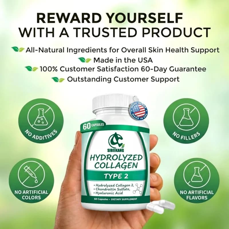 Type 2 Collagen Containing Chondroitin Sulfate and Hyaluronic Acid, -60 Capsules for Hair, Skin, and Nail Health Support