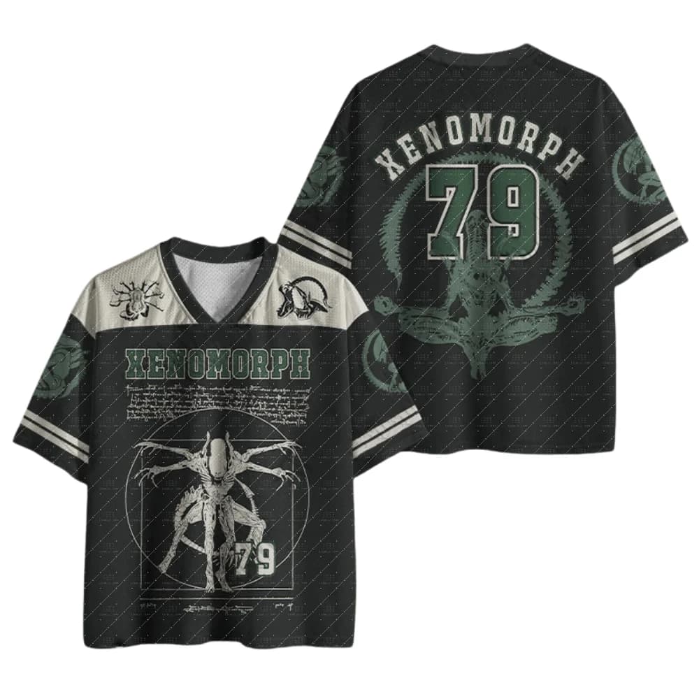 V Neck Football Jersey Vintage Sci-Fi Alien Creature Blueprint Number 79 Print Black Cream White Striped Sleeve Loose Sport Tee