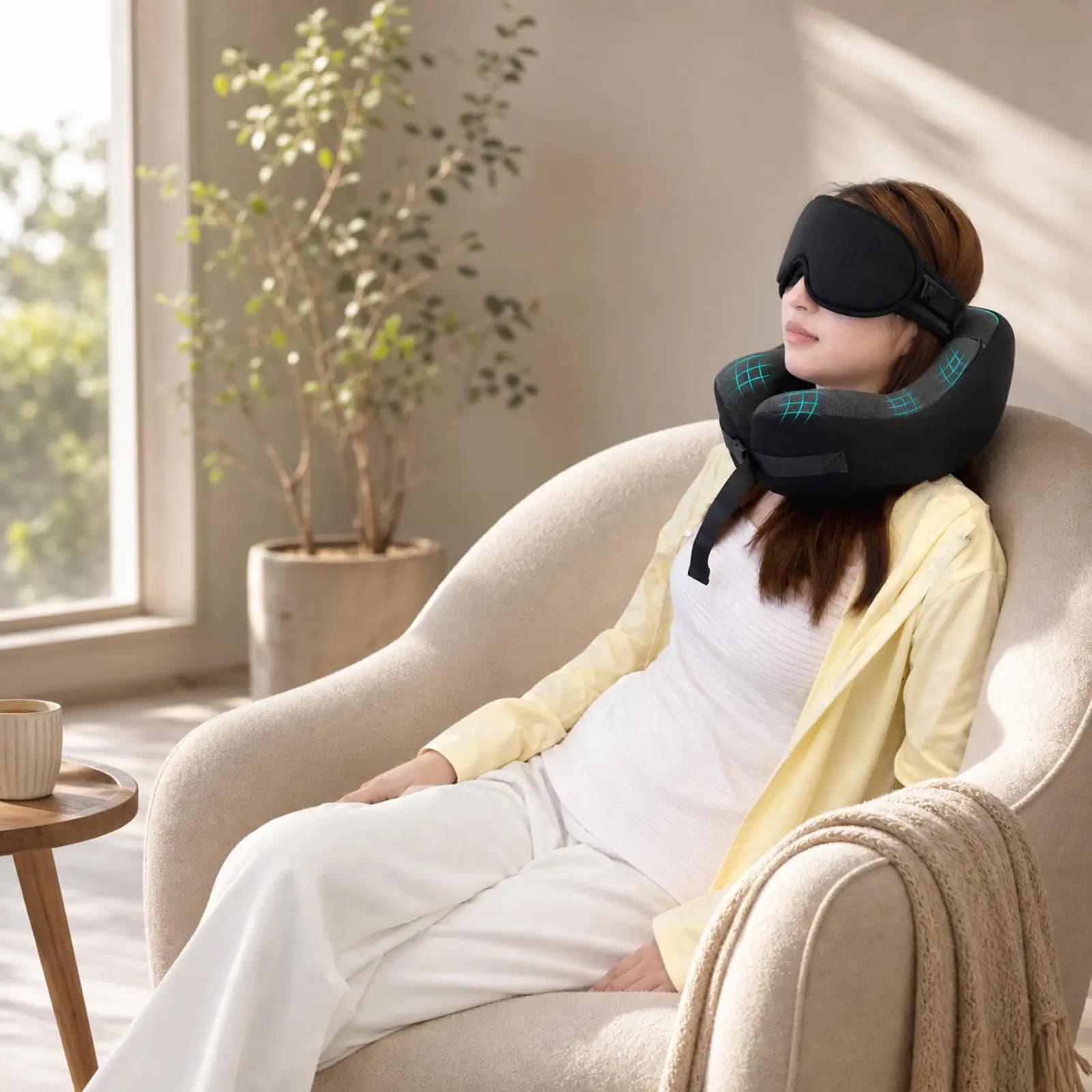 Ergonomic Memory Foam Neck Support Pillow with Adjustable Strap and Eye Mask for Travel Airplane Car Seat Sleeping