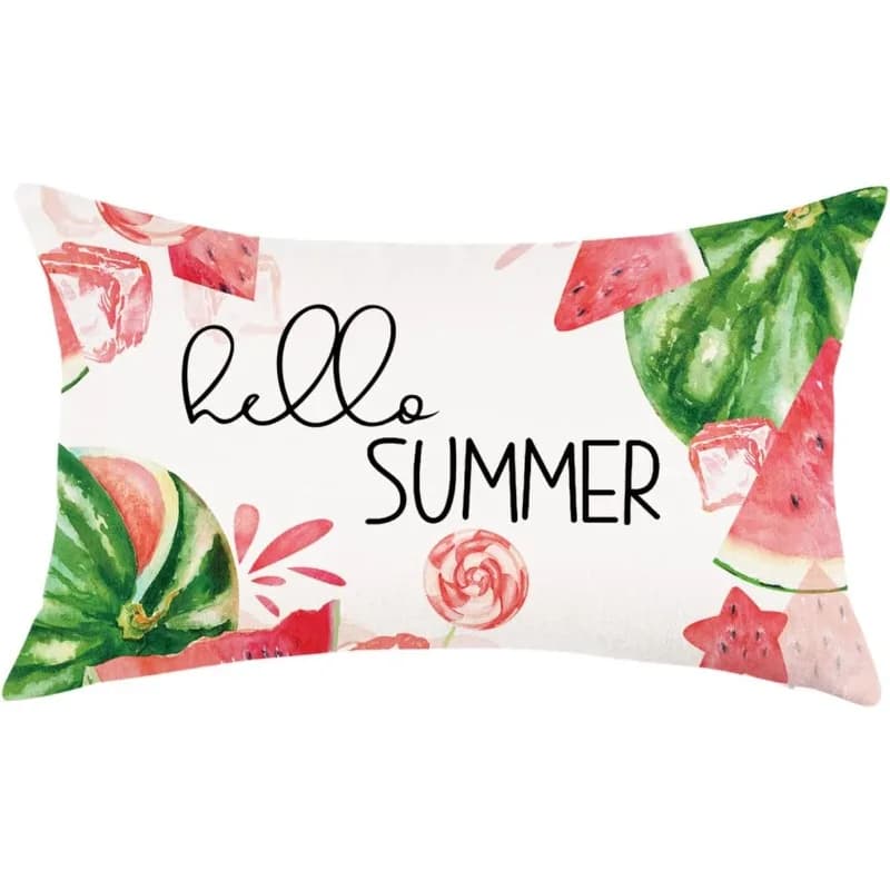 1pc "Hello Summer" Watermelon Printed Lumbar Pillow Cover, Suitable for Sofa, Bedroom, Living Room, Summer Decor