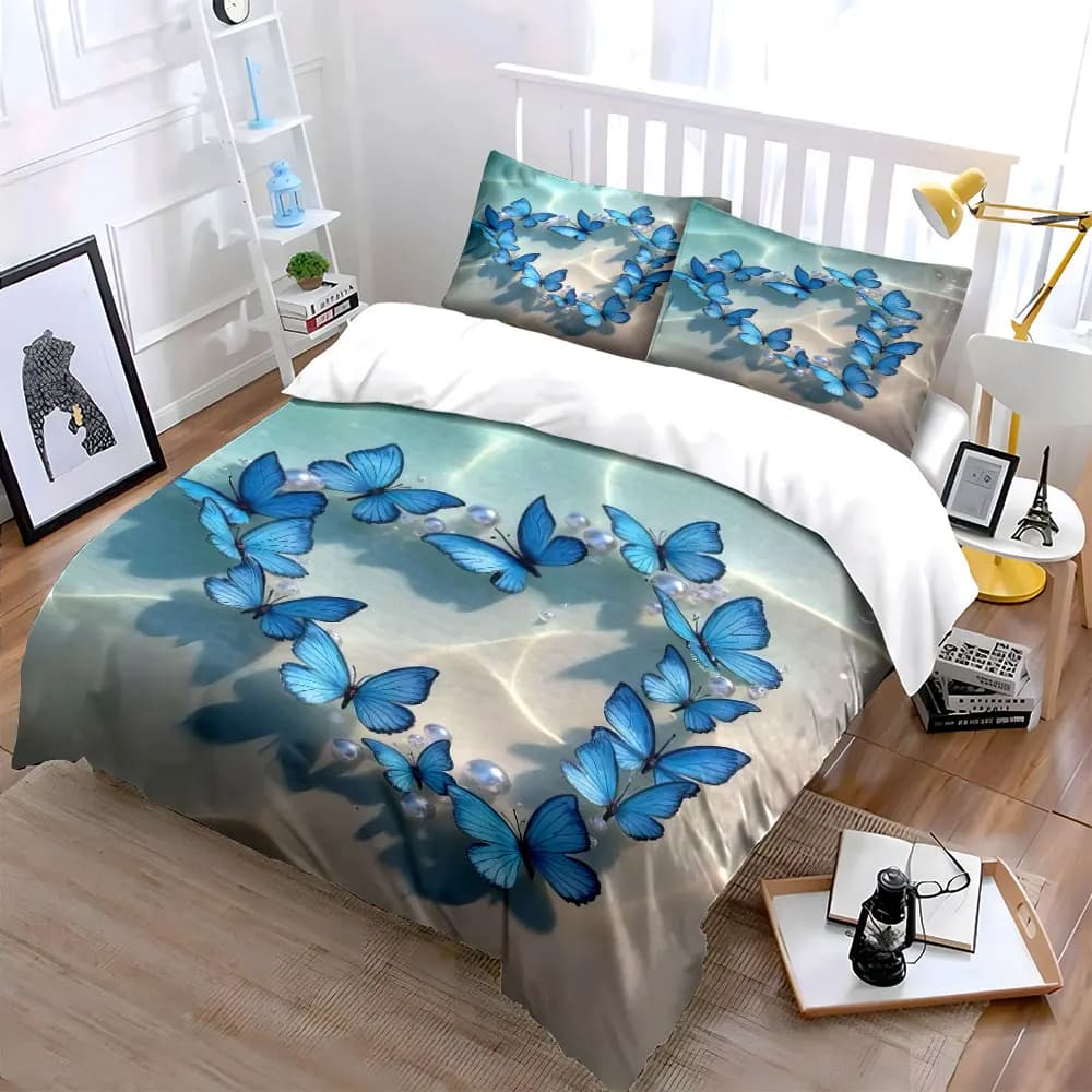Set di Biancheria da Letto con Decorazioni di Perle e Farfalle Blu, Include 1 Copripiumino e 2 Federe, Disponibile in Misure Singolo, Doppio, King, Queen, Idea Regalo