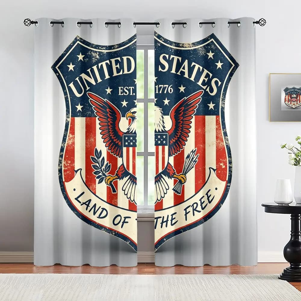 Vintage Patriotic American Eagle Curtains, Distressed Shield Print Blackout Drapes, Stars and Stripes Rustic Window Treatments