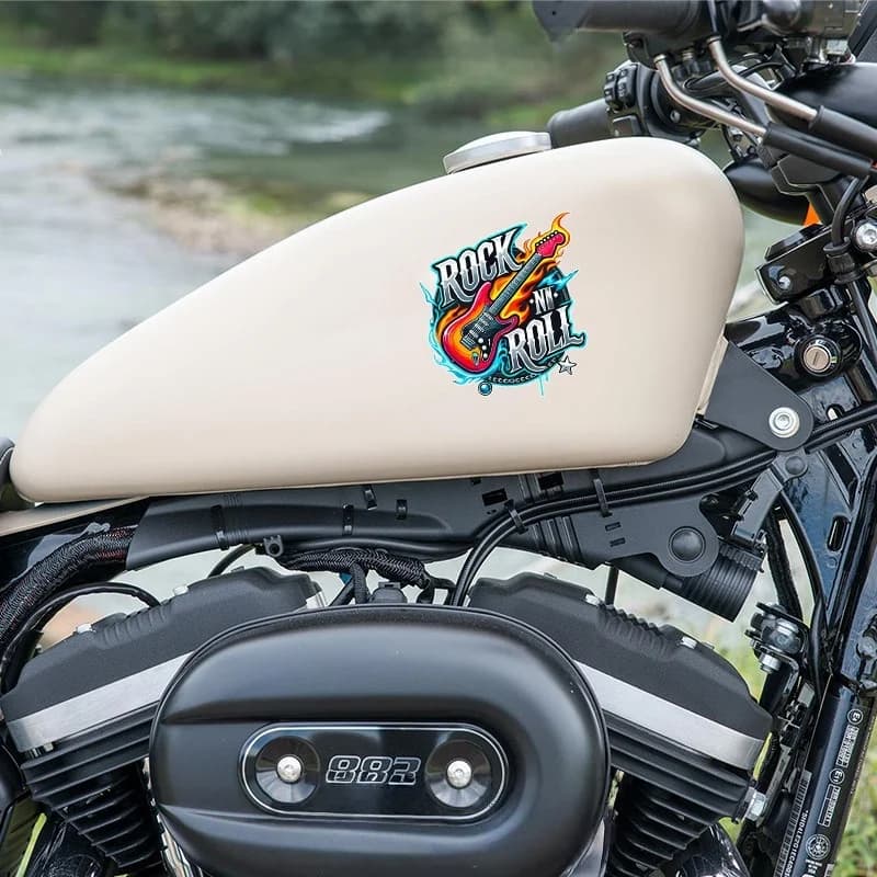 1Pc Rock N Roll Guitar Flame Vinyl Sticker Waterproof Decal Car Motorcycle Helmet Bike Laptop Decor