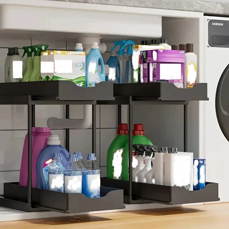 Organizer at 2 levels under the sink, sliding basket for locker, shelves with hooks, cup holders, bathroom organizer and kitchen