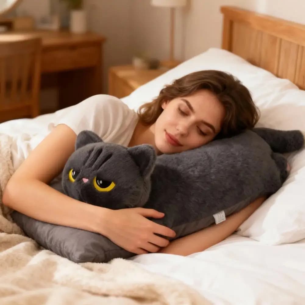 Cat Pillow with Long and Cute Cat Plush Toy, Filled with High Rebound Pp Cotton for Skin Friendly Comfort