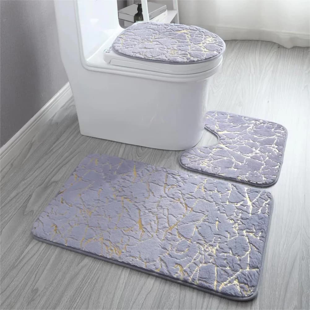 Set di 3 Tappeti da Bagno con Fondo Antiscivolo in Morbido Peluche, Tappetini Assorbenti Incluso Tappeto Sagomato a U per WC