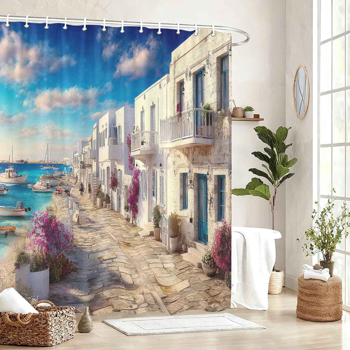 Tenda da Doccia in Poliestere Stampata con Paesaggio Costiero Mediterraneo - Elegante Decorazione per il Bagno con Vista su Villaggio Costiero e Oceano