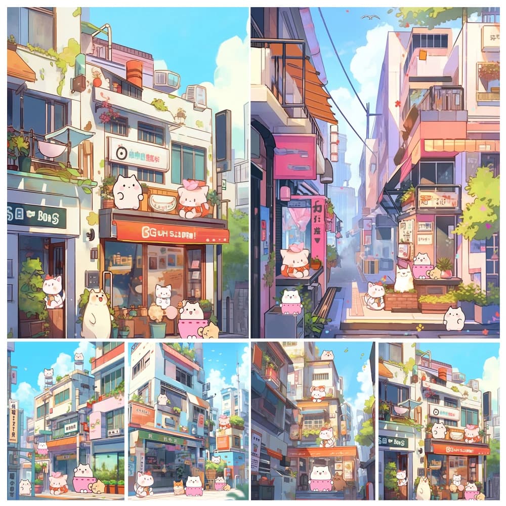 Painting by Numbers Kit Hand Paint Spring Street Scene Cartoon Children DIY Seascape Acrylic Artwork Art Gift Home Decoration