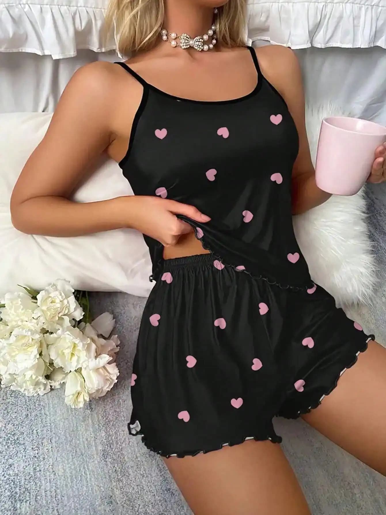 Women Pajamas Sleepwear Pajama 2pcs Set Camisole Shorts Love Print Scoop Neck Cami Top Backless Lettuce Trim Ice Silk Comfortabl