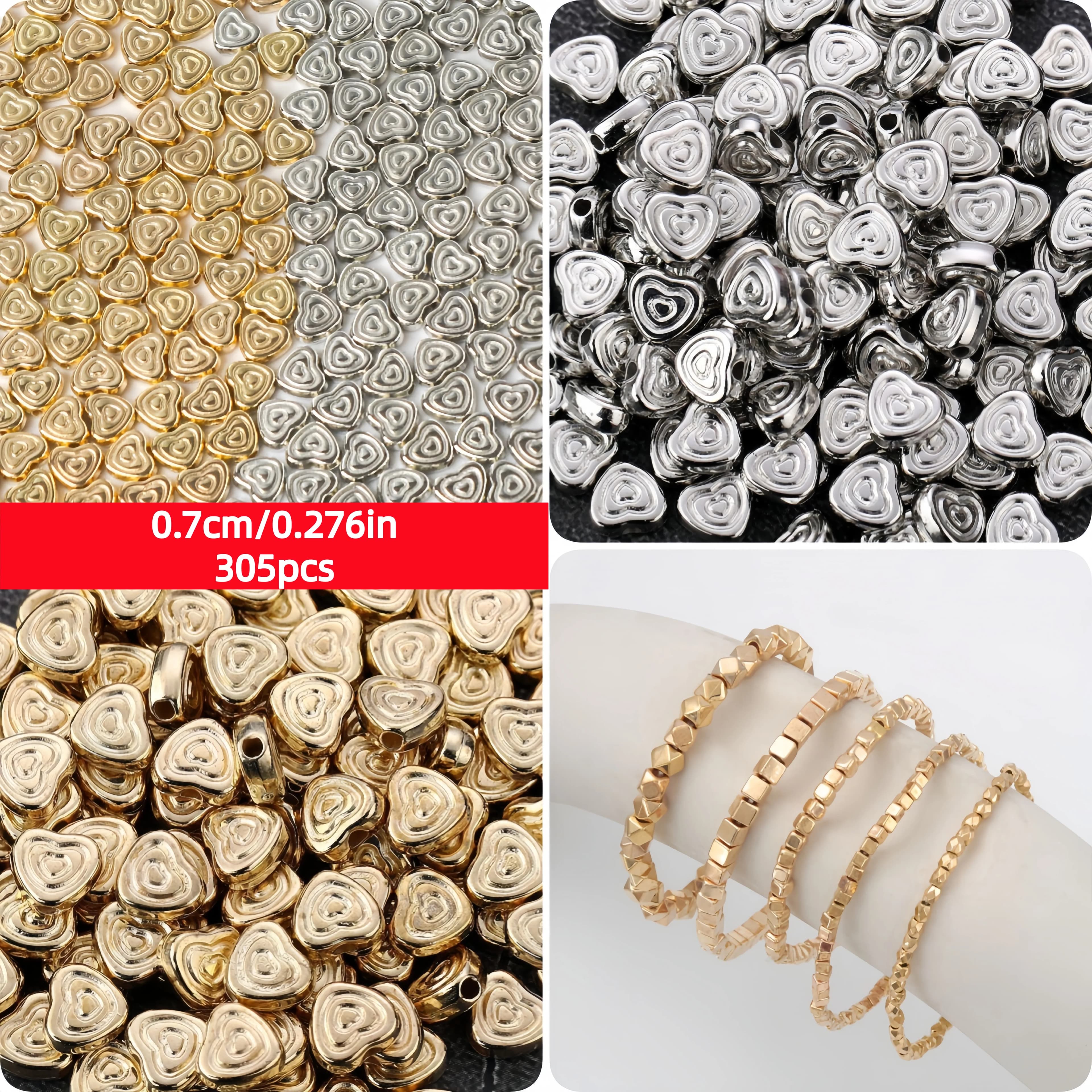 0,7 cm/0,276 pollici 305 perline a forma di cuore galvanizzate fai-da-te, adatte per accessori come bracciali e collane