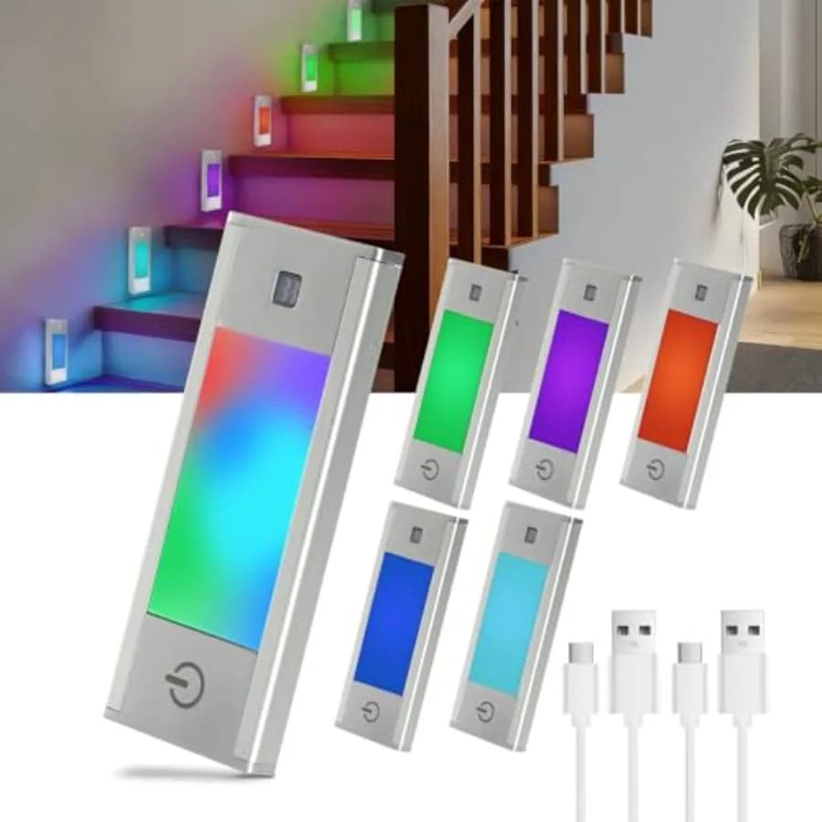 Luce Notturna RGB con Sensore di Movimento, Luci per Scale Ricaricabili a 6 Colori, Luce LED Magnetica Adesiva per Libreria con Spegnimento Automatico e Controllo Touch