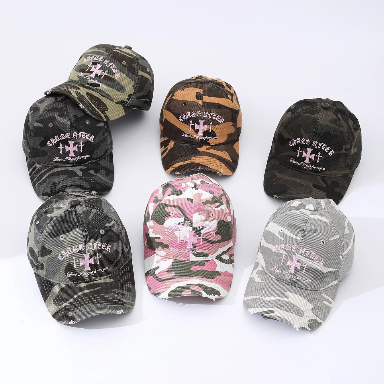 European and American Fashion Camouflage Embroidered Letter Cross Baseball Cap with Soft Top and Sun Protection Brim Hat