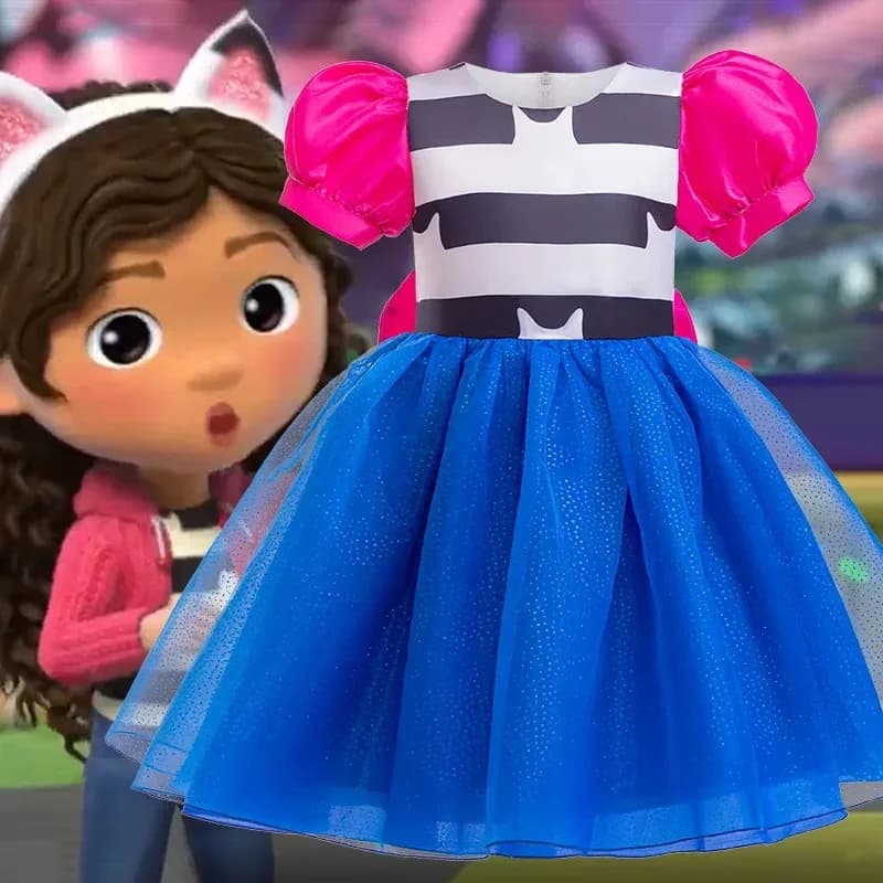 Abito da principessa per cosplay per casa delle bambole Gabby per ragazze, abito in tulle con fiocco e maniche a sbuffo per bambini + fascia per gatti per abito di compleanno di Halloween