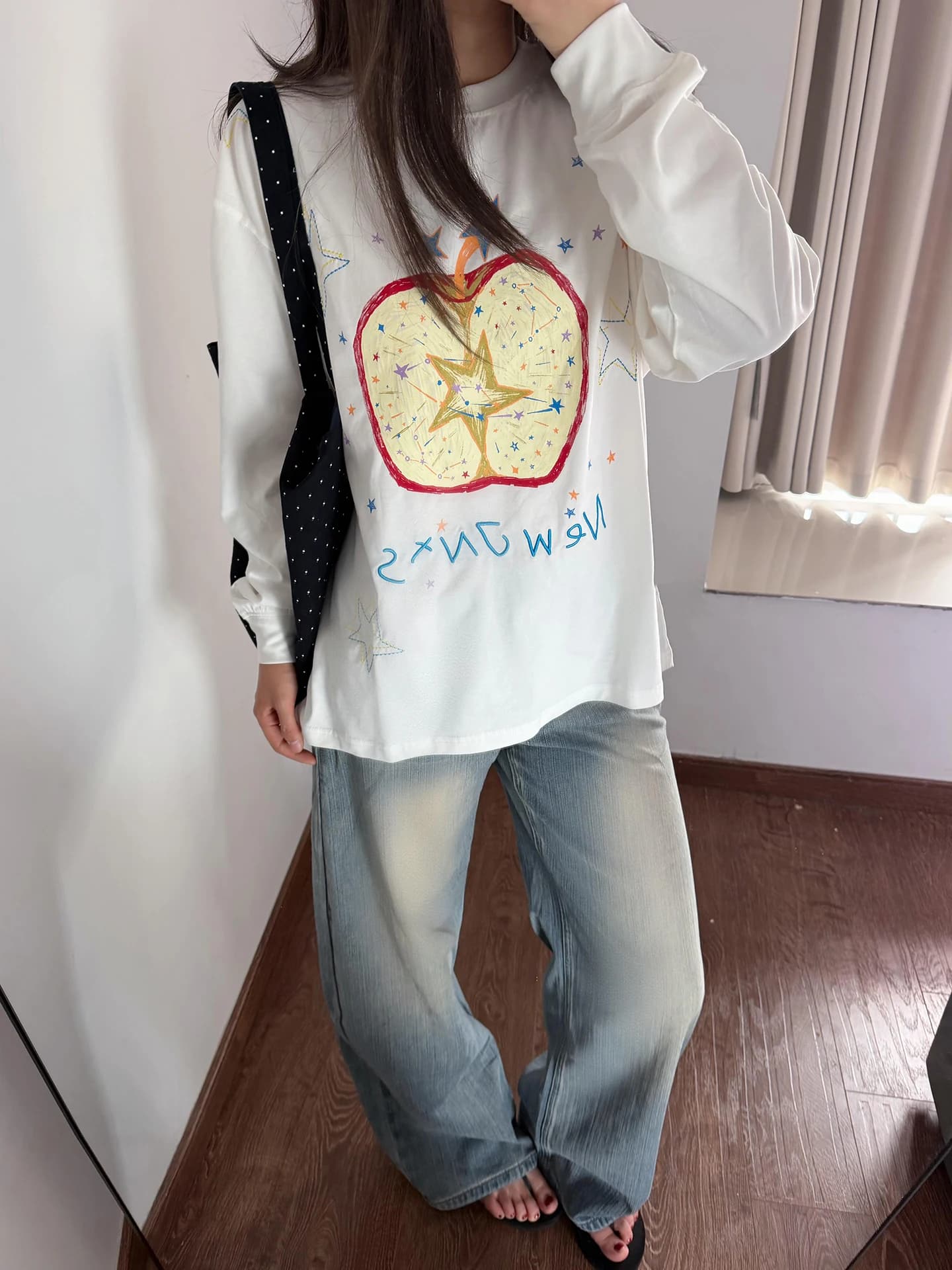 Retro American Star Print Long Sleeve Women's T-shirt Casual Versatile Loose Base Shirt Spring Autumn New Style Top