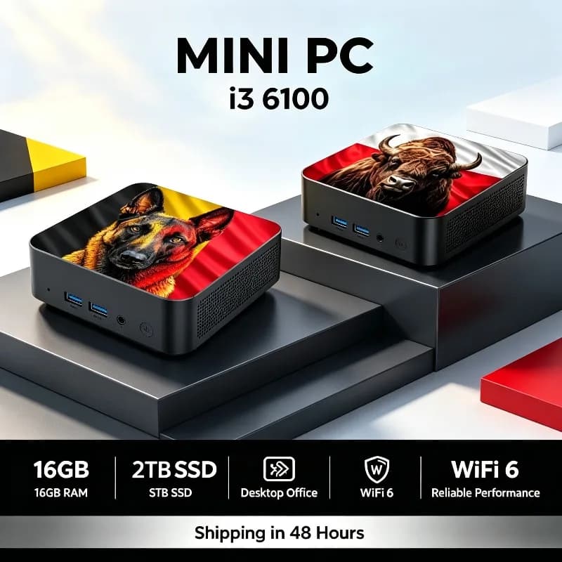 Gaming Mini Desktop Computer Intel Core i3 6100, Windows, 16GB DDR4 RAM, 2TB SSD, Wi‑Fi 6, Bluetooth 5.2, 4K HD, PC for Gamers.
