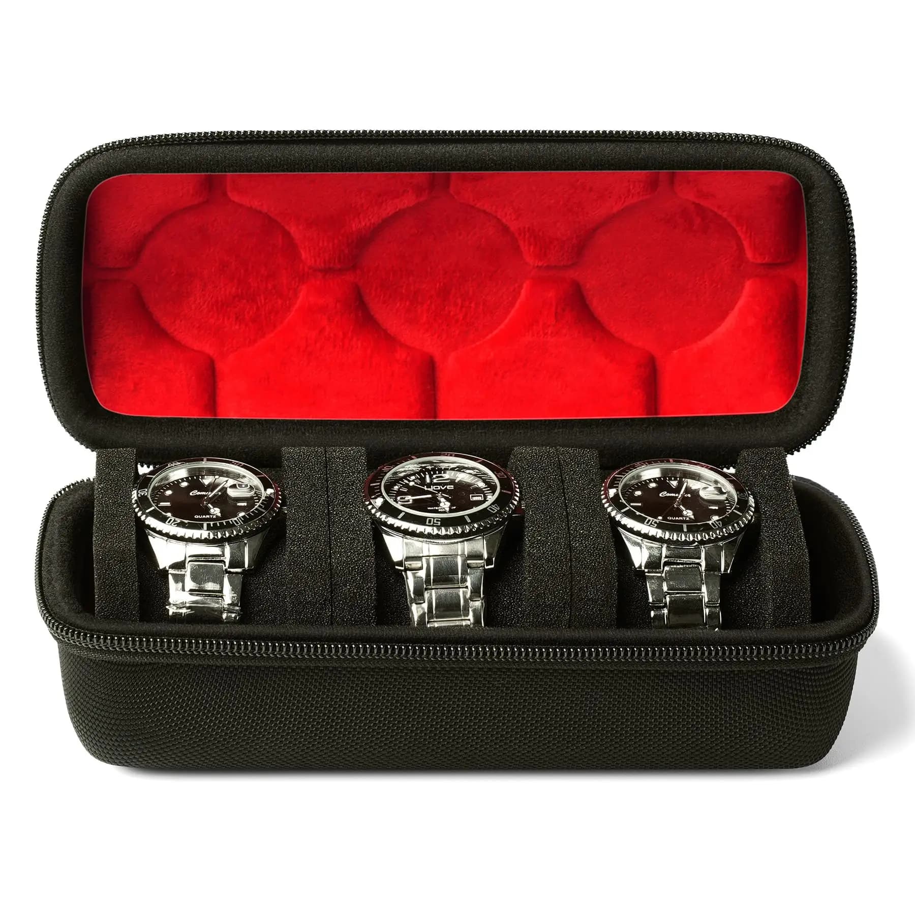 Custodia da viaggio per orologio da 2/3/5 slot, rotolo per orologio rigido, custodia per orologio da viaggio con cuscino aderente, fodera in microfibra rossa