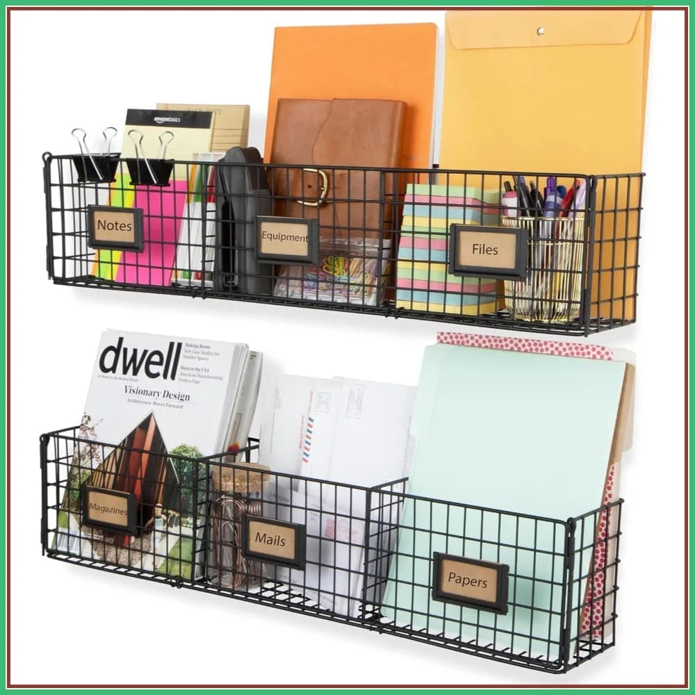 Organizzatore da Parete Amalfi per Ufficio, Porta Documenti e Riviste, Cestino in Rete a 3 Scomparti, Set di 2, Nero