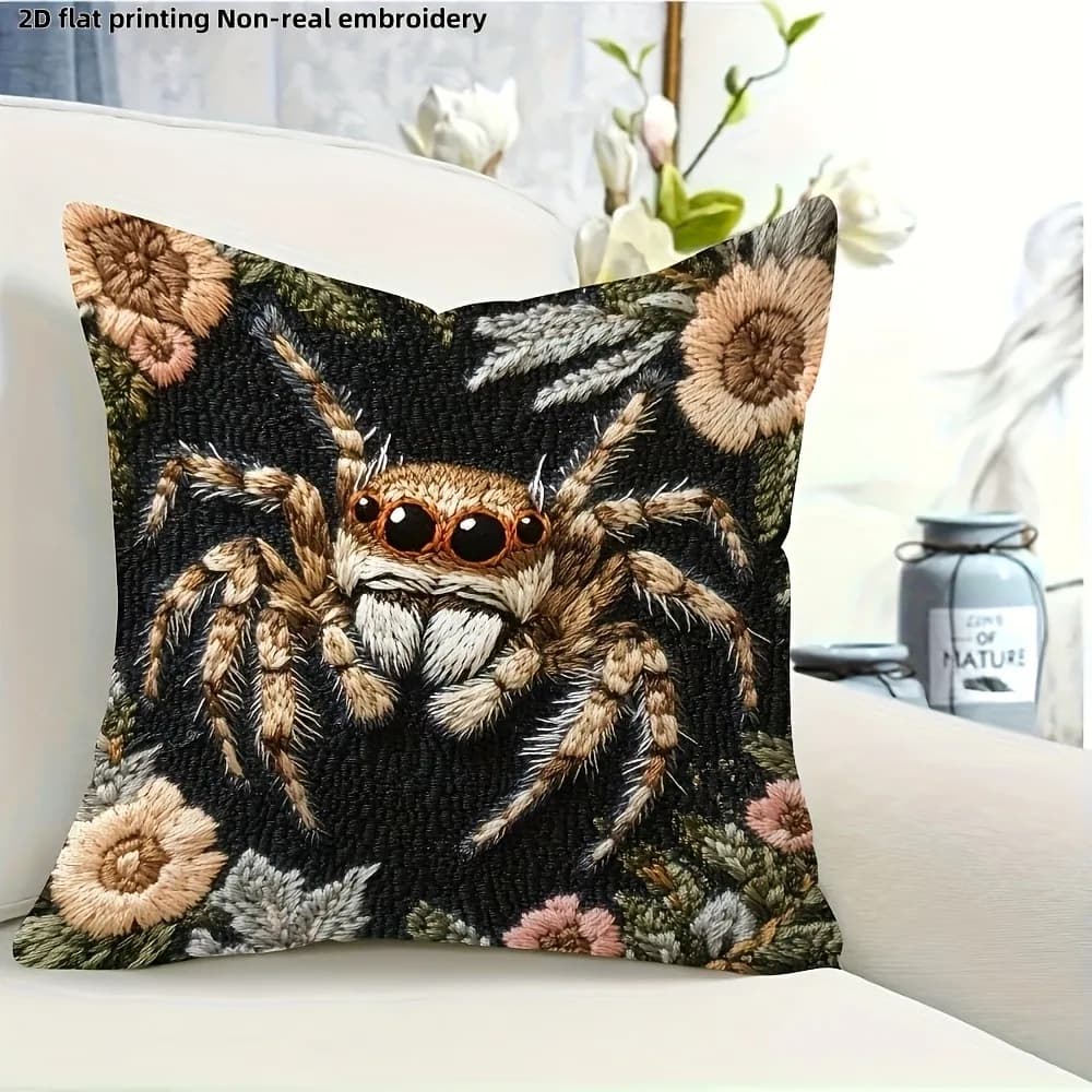Fodera per cuscino unica con ragno stampato piatto 2D e motivo floreale Fodera per cuscino per divano, decorazione del dormitorio della stanza di casa, stampa 2D