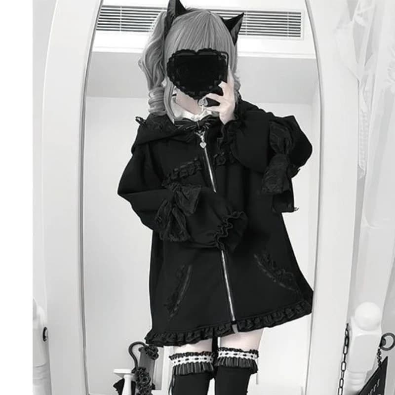 Subculture Gothic Lolita Hoodies Women Harajuku Y2k Lace Bow Cat Ear Hooded Coats Grunge Loose ​Long Sleeves Zipper Sweatshirt