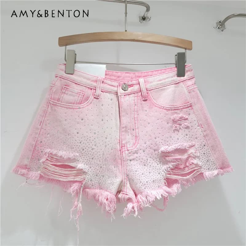 Shorts in denim da donna con strass pesanti, vita alta, effetto snellente, con strappi e frange, gamba larga, stile Y2K chic, casual, per tutti i giorni