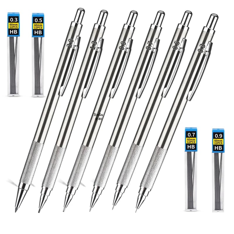 Metal Mechanical Pencil 0.3 0.5 0.7 0.9 1.3 2.0mm Advanced Automatic Pencil with Leads Art Drawing Painting Office School Supply
