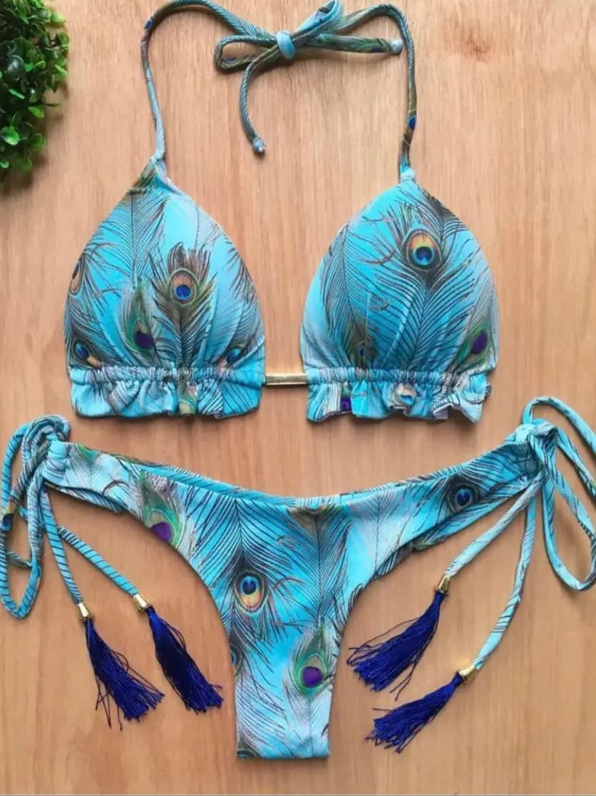 RUOTONGSEPT Set Bikini Micro Sexy 2024 Nuovo Costume da Bagno Donna con Stampa Piume e Lacci Costume da Bagno Femminile Brasiliano Biquini