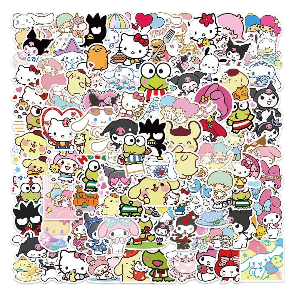 100 Pezzi Adesivi Sanrio Cartoon, Simpatici Decalcomani di Kitty, Melody, Cinnamoroll, Giocattoli per Bambini, Decorazioni Fai-da-Te per Skateboard, Telefono, Quaderno, Frigorifero