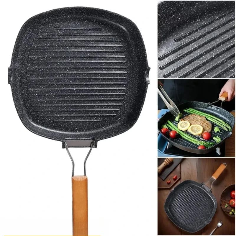 Suitable for Portable Frying Pans, Picnic Baking Pans, and Heat-resistant Wood Handle Double Mouthed Steak Pans (uncovered)