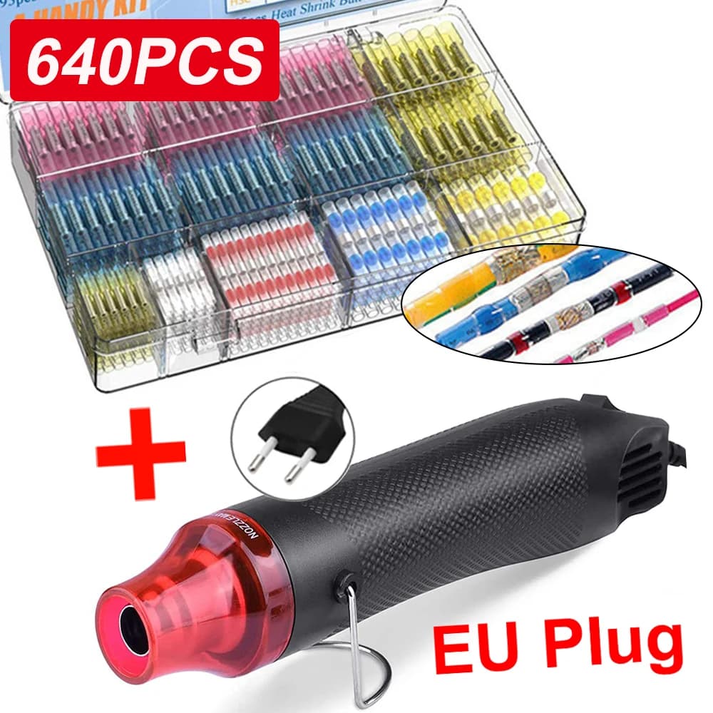 640/250PCS Terminali a crimpare termorestringenti impermeabili Terminali a saldare Kit terminale di giunzione cavo elettrico con pistola ad aria calda