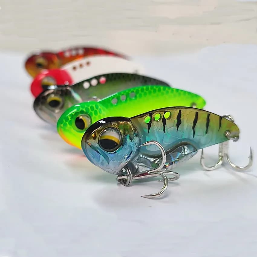 6 pz Metallo VIB Esche Da Pesca 7.3g 10g 14g 20g Vibrazioni Vivide Cucchiaio Richiamo Bass Artificiale Esca Dura Cicala Richiamo VIB Esca 3D Occhi