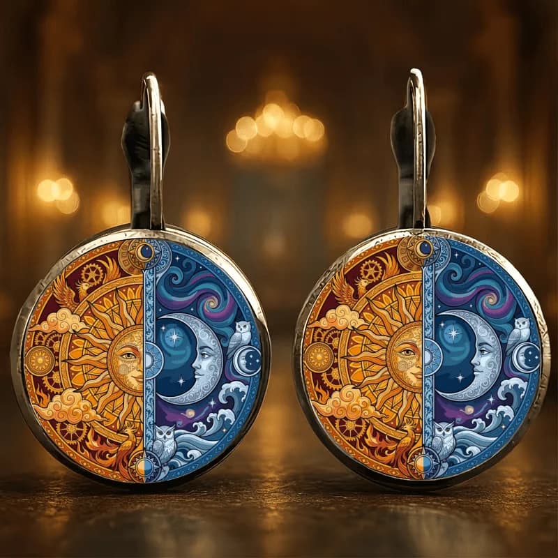 Mysterious Sun and Moon Gods! Day and Night Spliced ​​Disc Earrings - Full of Retro Vibes