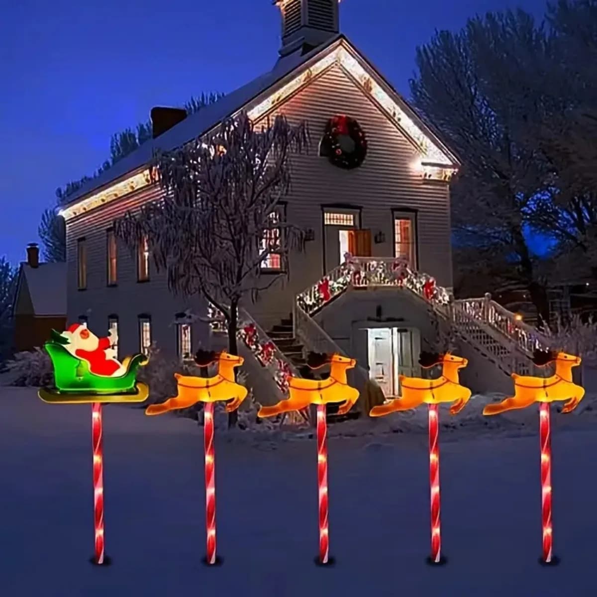 5 pz/set luci solari del percorso di Babbo Natale e cervo di Natale con 8 modalità luci da palo da giardino per la decorazione del portico del prato del cortile della passerella di casa