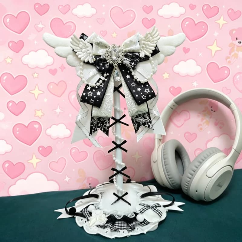 Cute Angel Wings Headphone Stand Custom Black Lace Bow Headset Holder Kawaii Desktop Decoration for Gaming Headset Display Gift