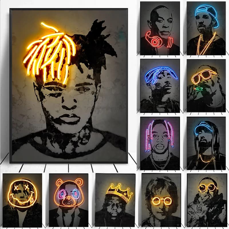 Abstract Neon Rapper Star Poster 2Pac Cantanti Hip Hop Immagini di arte della parete Graffiti Tela Pittura Home Room Bar Decor NO LED