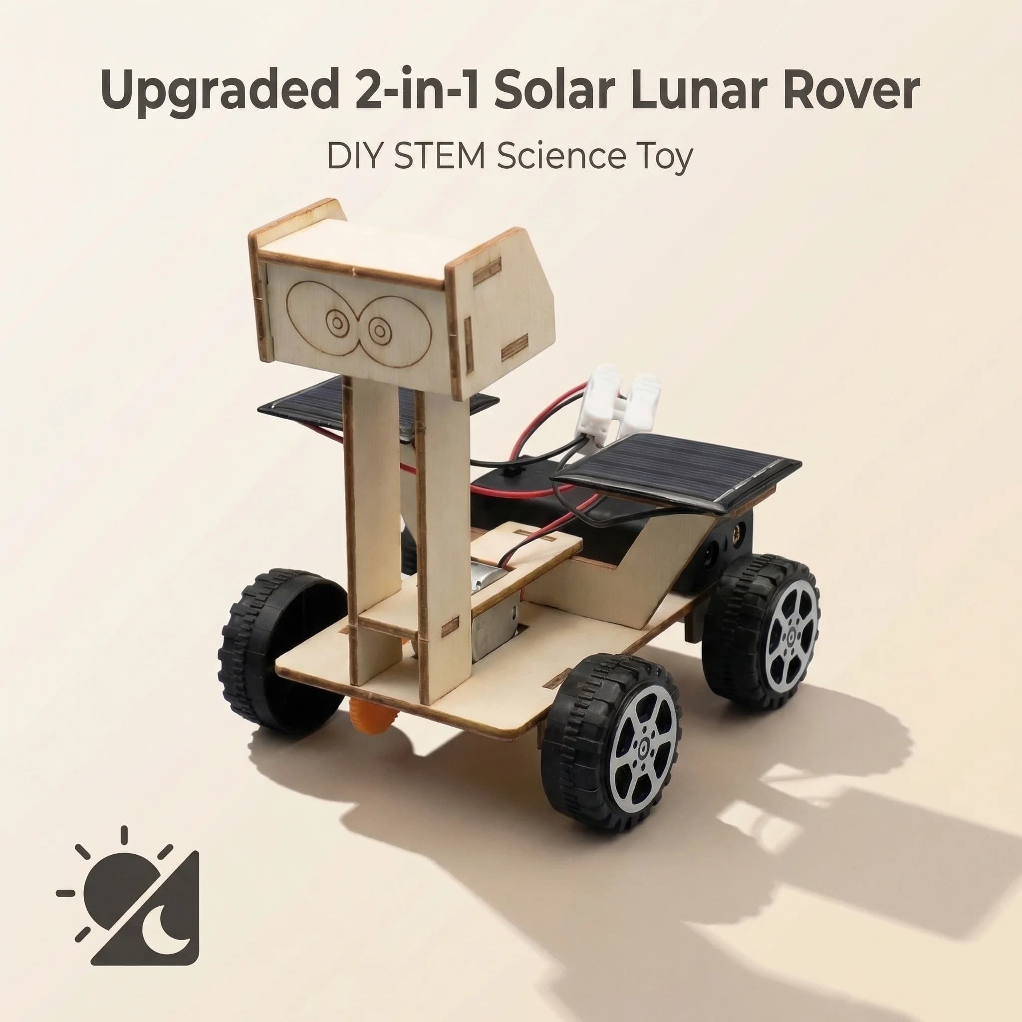Kit STEM 2-in-1 Aggiornato: Rover Lunare Solare Fai-da-Te, Puzzle 3D in Legno, Giocattolo Educativo Scientifico, Modello Costruibile Alimentato a Energia Solare e Batteria