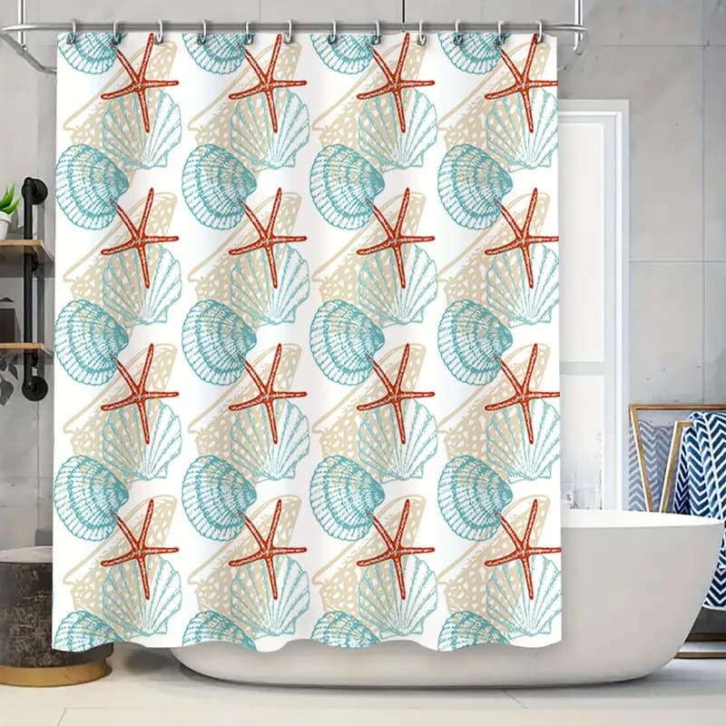 Tenda da doccia con decorazioni per il bagno con conchiglie blu Stelle rosse Tessuto impermeabile Facile installazione Regalo perfetto per ogni occasione! (Personalizza